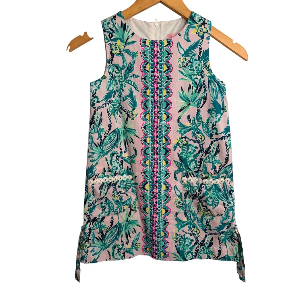 Lilly Pulitzer Girls Size 7 Pink Green Tropical Palm Print Shift Dress Pocket